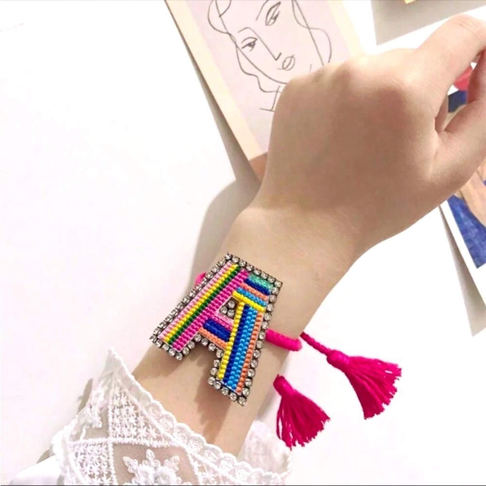 Pink Beaded Bracelet with Letter A in Geometric Pattern and Tassel - Picture 4 of 4